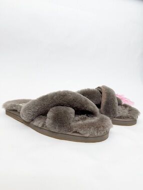 UGG Abela Slippers Criss Cross Sheepskin Fluffy Slate Grey Brown